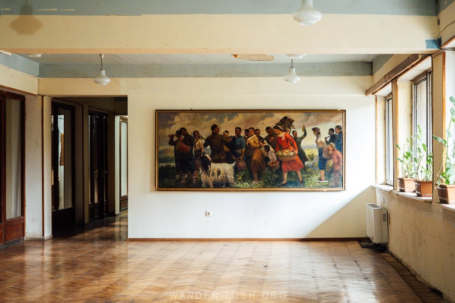 A canvas hangs on the wall inside the Gurjaani Cultural Centre.