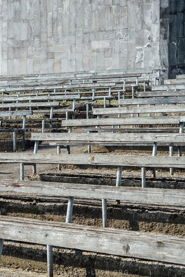 Wooden benches at an amphitheatre in Gurjaani.