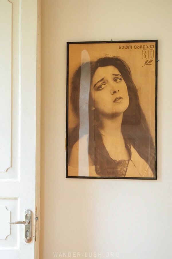 A poster of a woman, actress Nato Vachnadze, hanging at her house museum in Gurjaani.