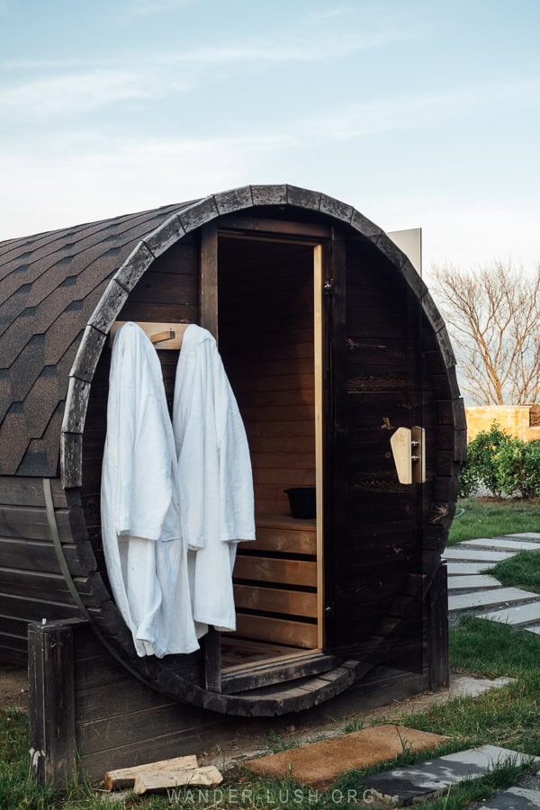 A barrel sauna at Horizons Bakurtsikhe, a hotel in Georgia's wine region.