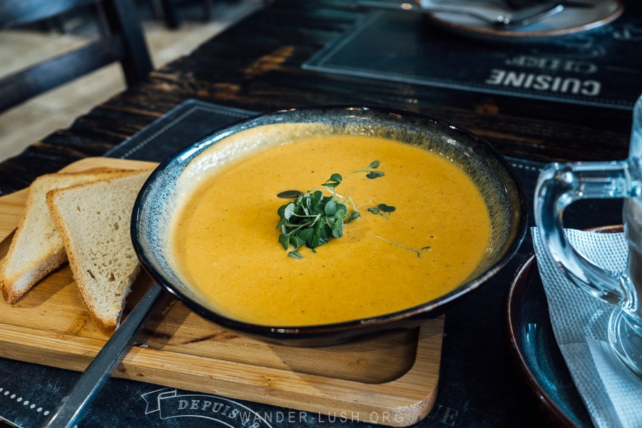 A bowl of pumpkin soup at Nadiani restaurant in Gudauri, Georgia.