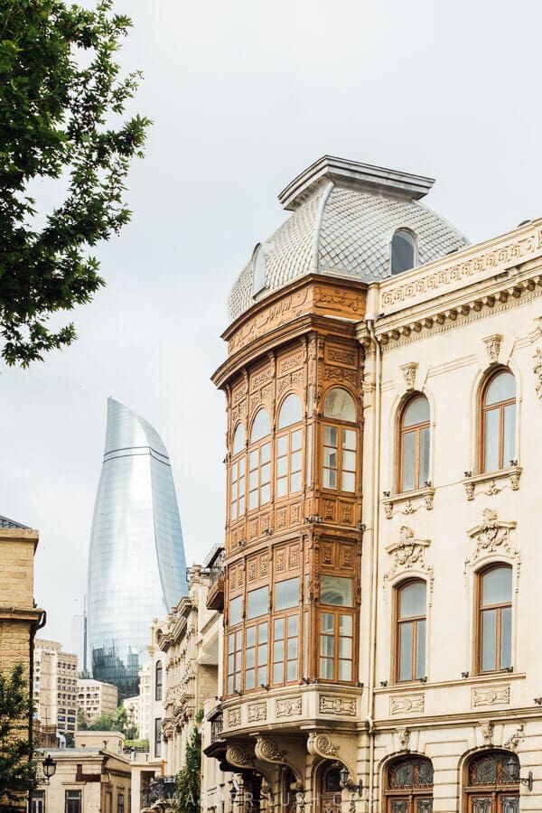 Historic facades and the Flame Towers in Baku.