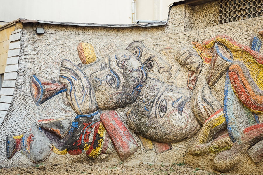 A Soviet-era mosaic in Baku that depicts different characters playing jazz instruments.