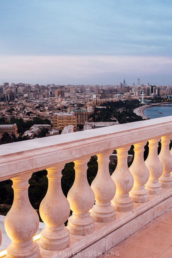 Stone railings overlooking the city in Highland Park, Baku.