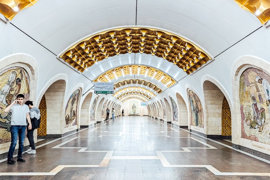Inside the Baku metro.