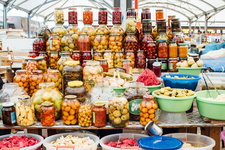 Colourful jars of pickles and preserves at the Green Market Yasil Bazar in Baku.