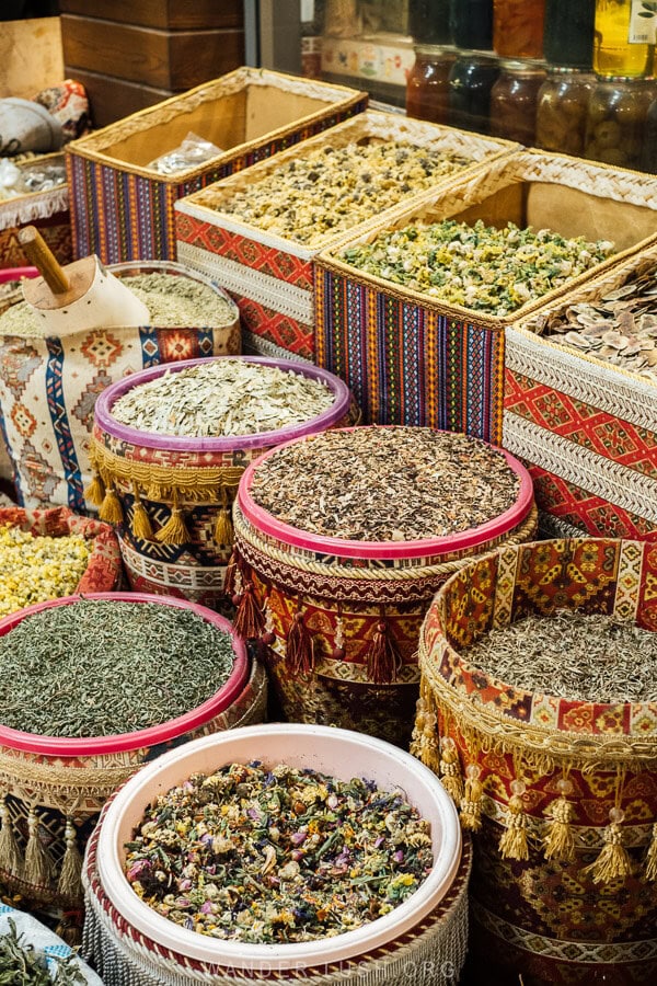 Baskets of spices and tea for sale at the bazaar in Baku, Azerbaijan.