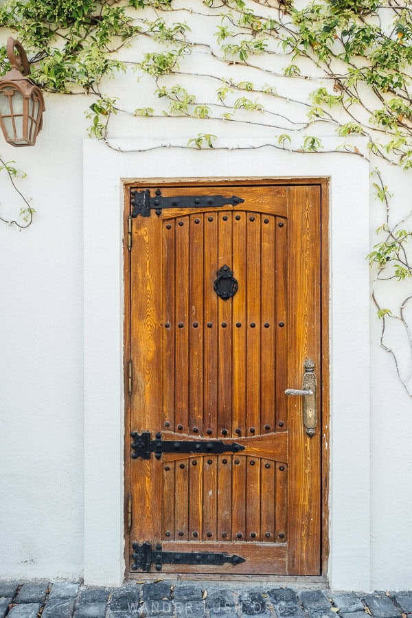 A wooden door framed by creeping jasmine on a street in Baku.