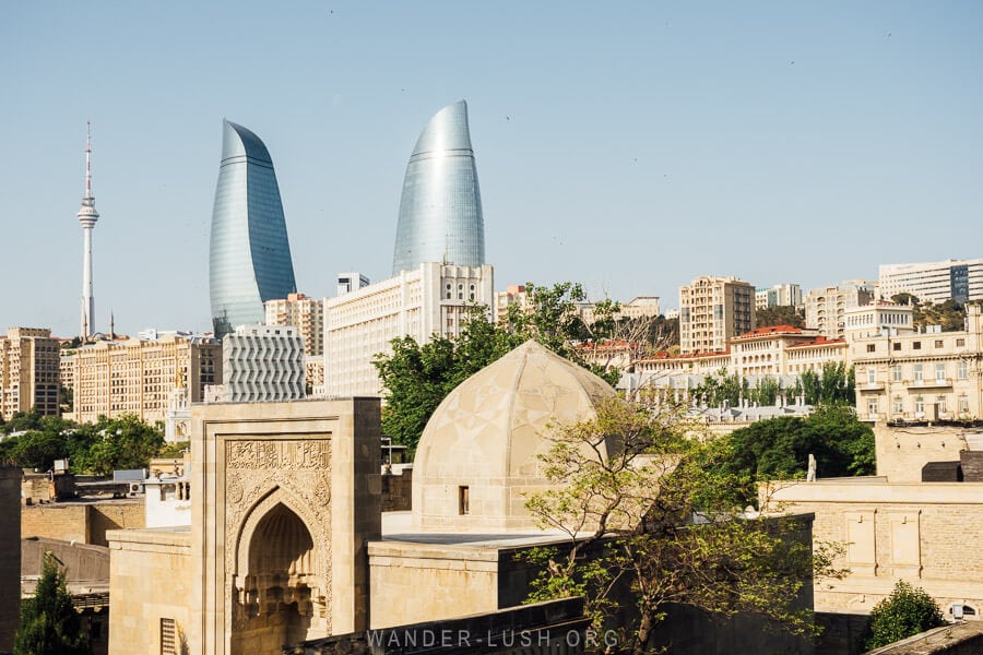 View of Baku city and the Flame Towers from the gardens of the palace.