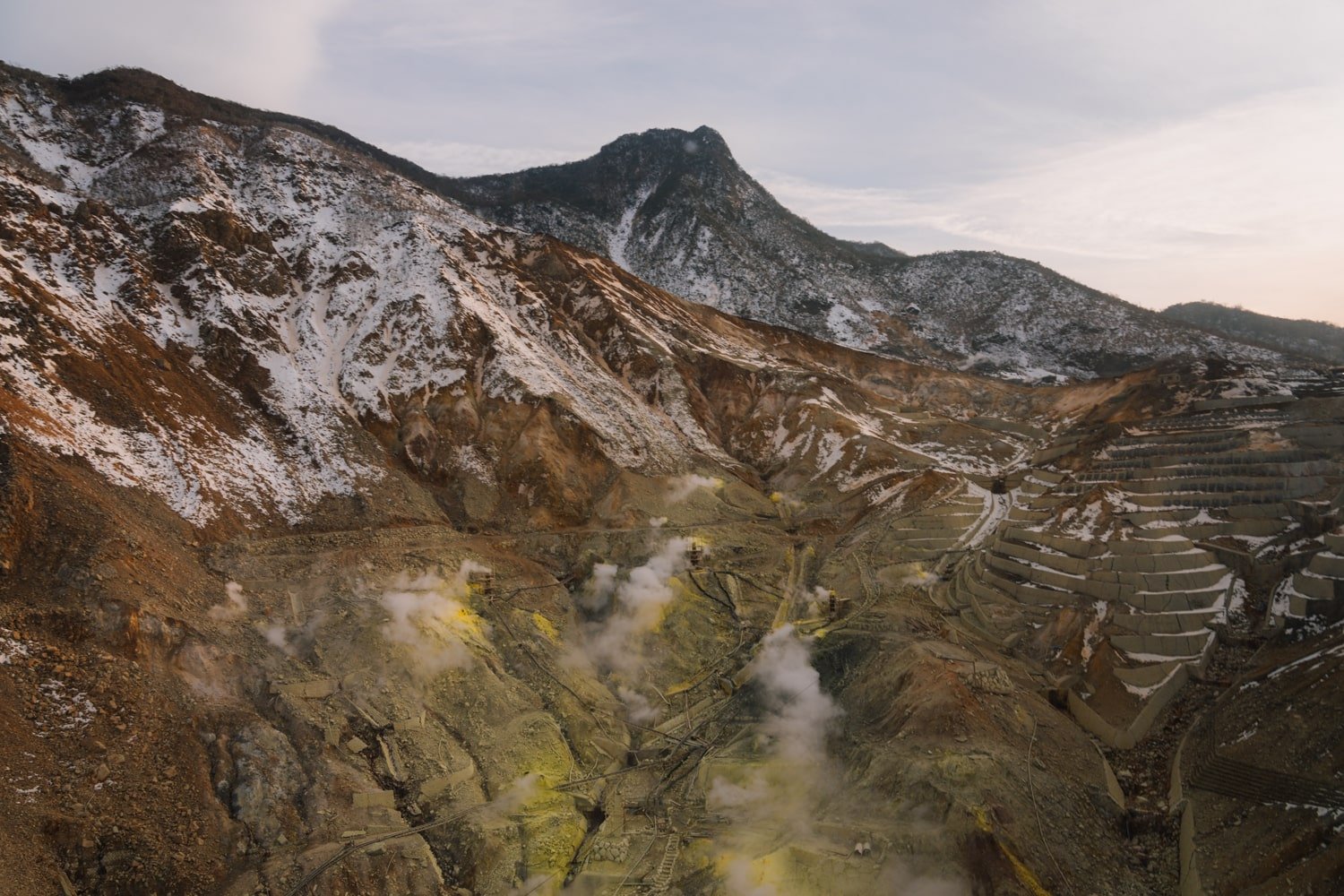 View from the Hakone Ropeway of the volcanic sulphur vents in the Owakudani sulphur fields in Hakone, Japan.