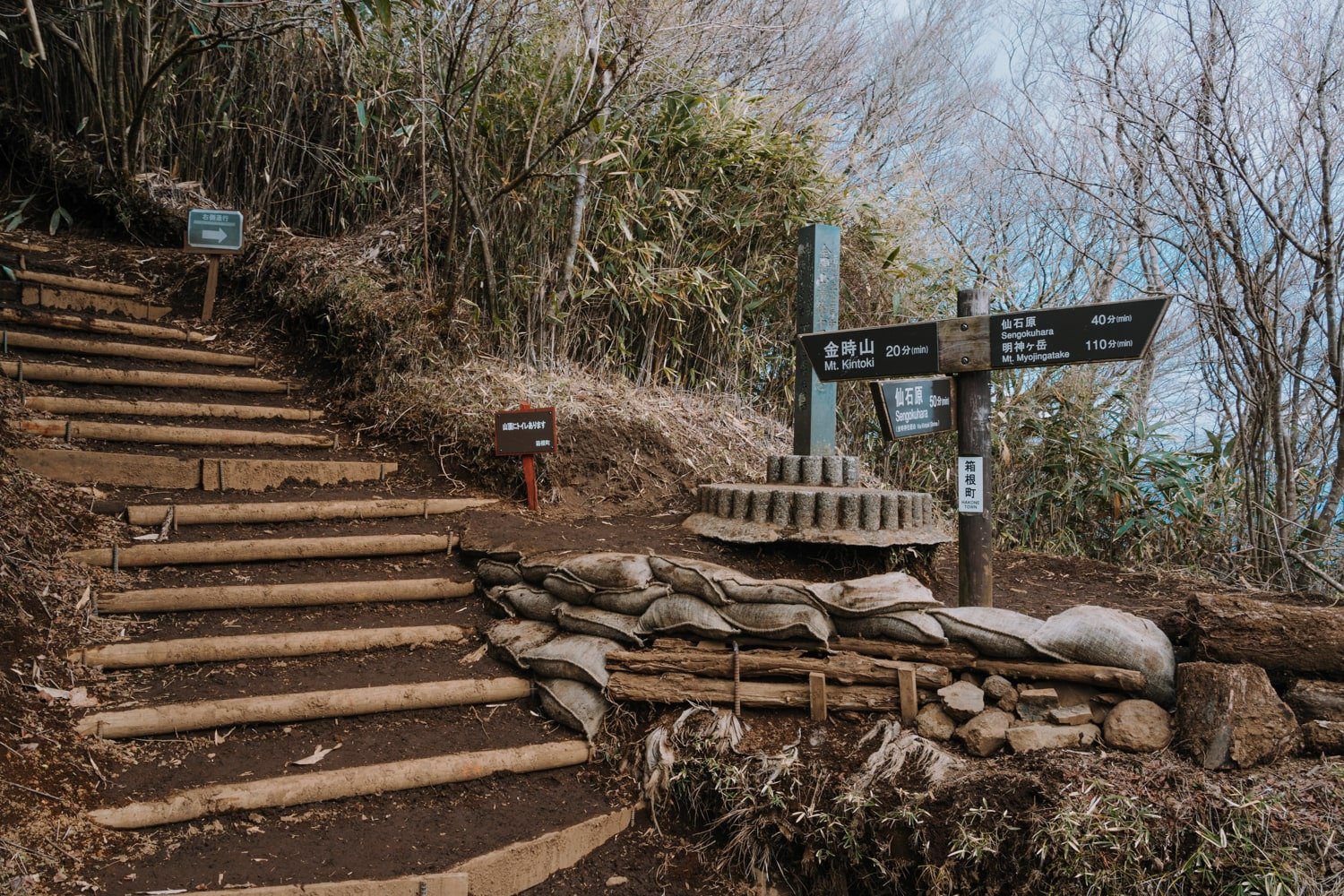 Stairs and a sign post leading to Mount Kintoki summit.