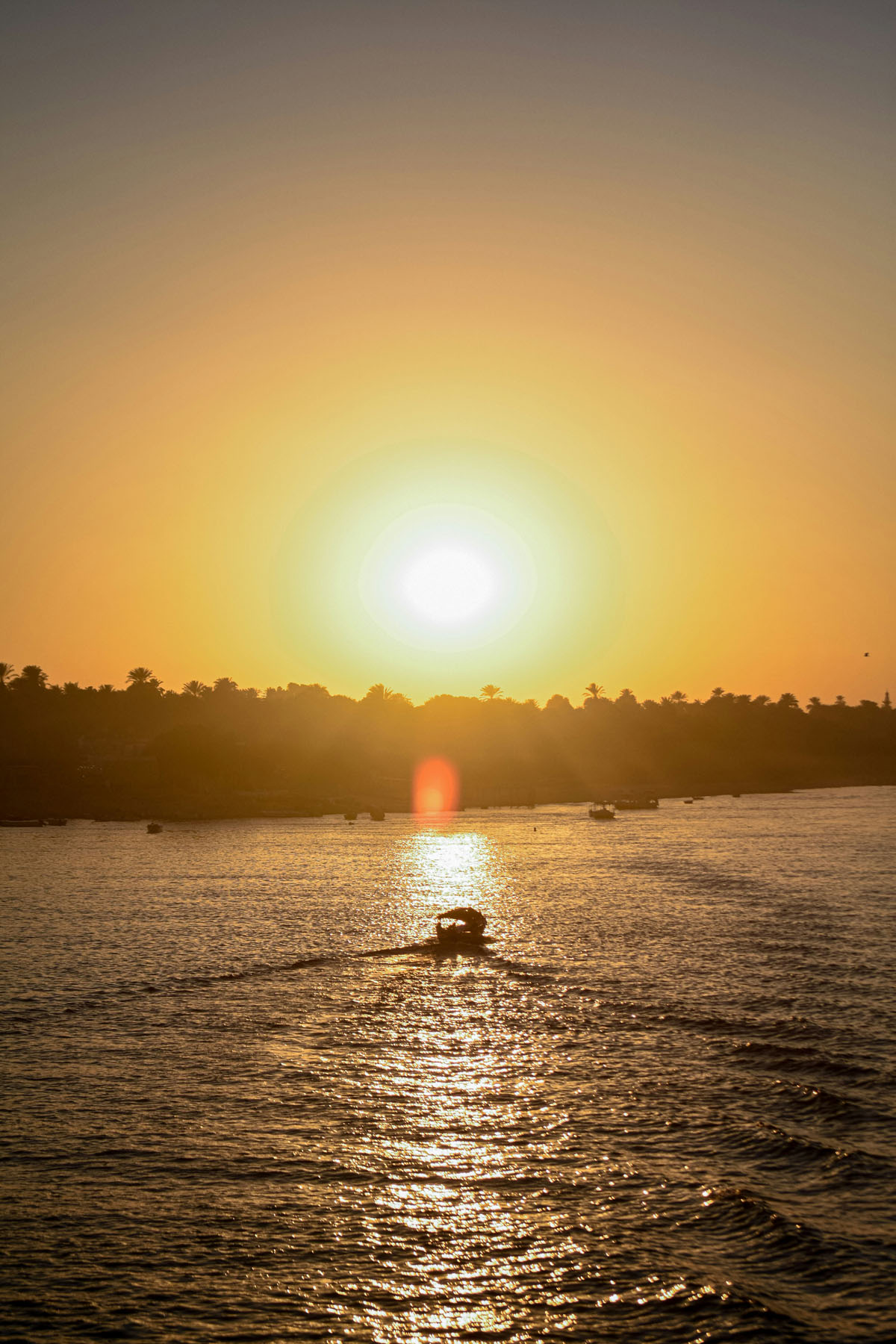 A cruise boat on the Nile River in Egypt speeds off into a golden sunset. 