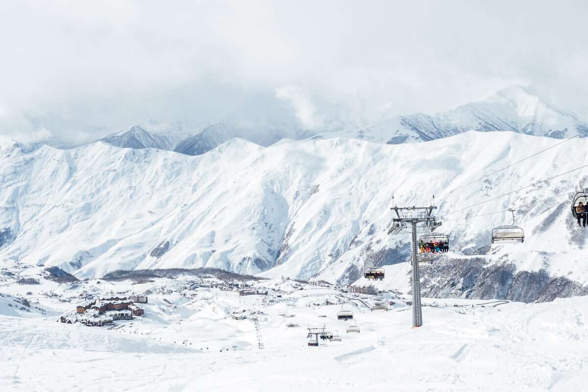 Chairlifts and chalets in the mountain ski resort of Gudauri Georgia.