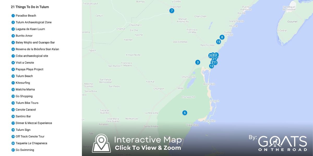 A custom map of the best things to do in and around Tulum, Mexico. Click the map to open Google Maps where you can zoom, find directions and locate each Tulum attraction on an interactive map.