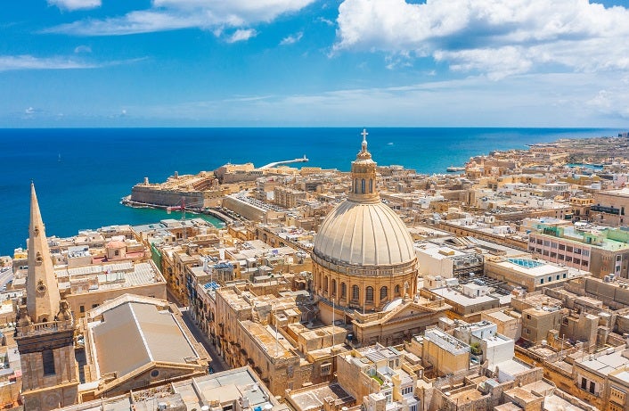 Aerial view of Lady of Mount Carmel church, St.Paul's Cathedral in Valletta city, Malta