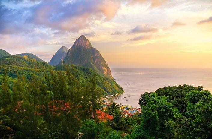 Sunrise over the pitons in Saint Lucia