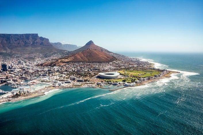Capetown, South Africa - January 28, 2016: Aerial view of coastline in Capetown, South Africa. Table mountain in Capetown, South Africa