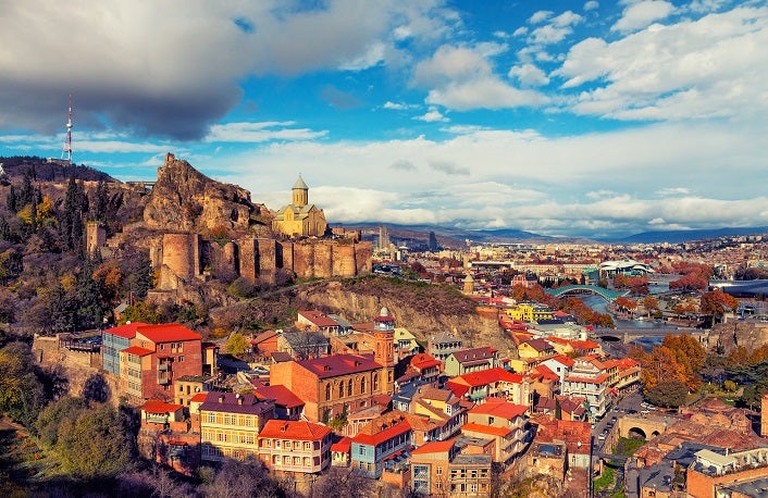 Beautiful panoramic view of Tbilisi at sunset, Georgia country