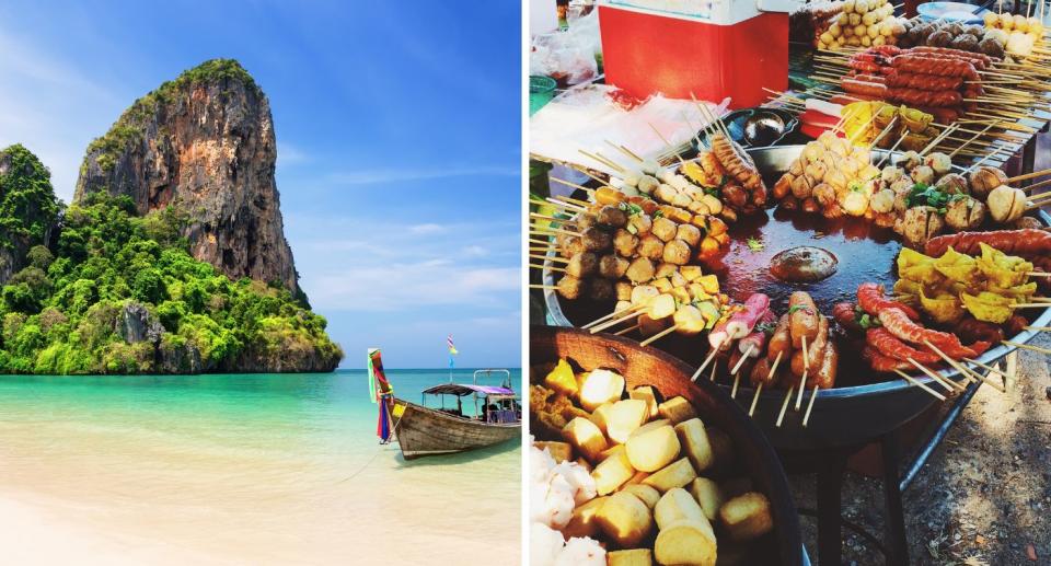 Traditional Thai longtail boat at Railay Beach in Krabi province, and Bangkok's famous street food. Source: Getty 