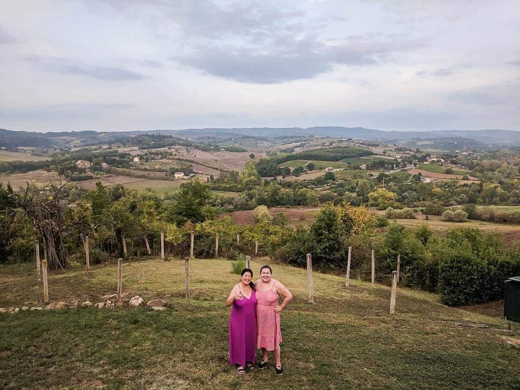 me and mom in front of the view from our Tuscan villa, Tuscany Airbnb, Chianti hills