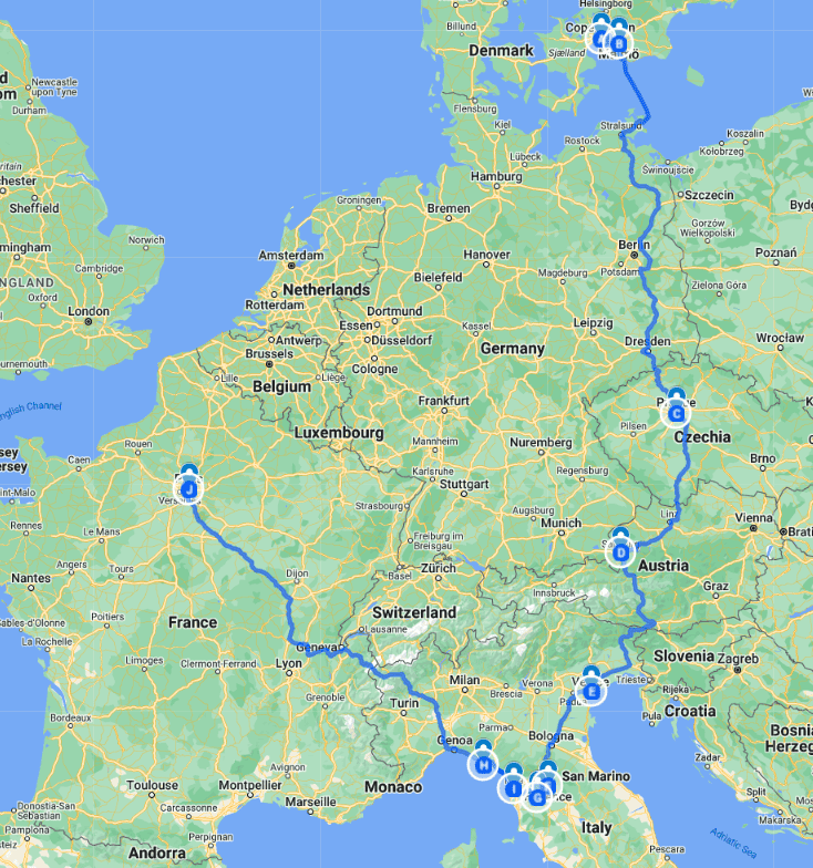 Map of 3 week Europe itinerary showing the route from Sweden down to Italy and back up to Paris