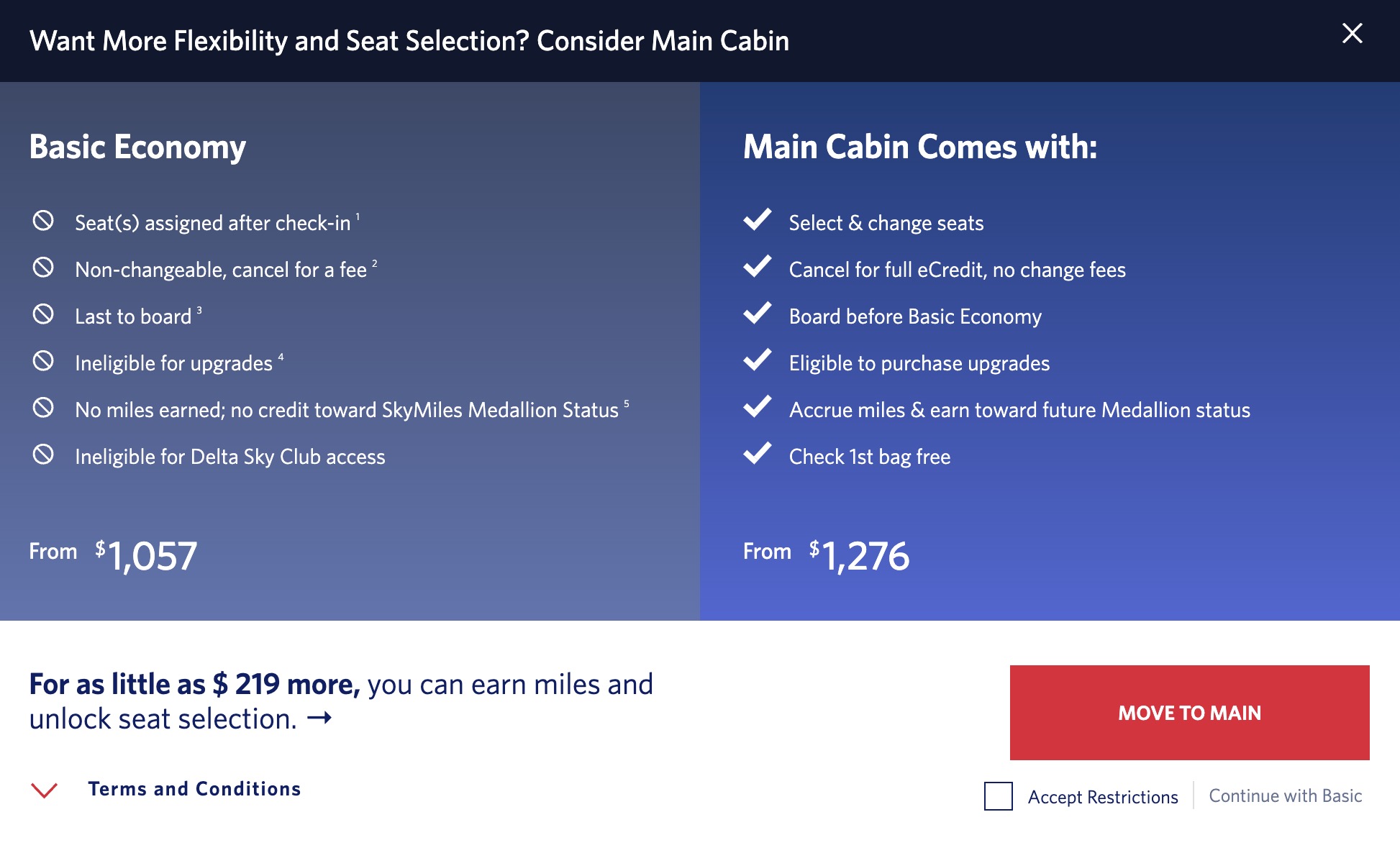 Basic Economy to Main Cabin upgrade page