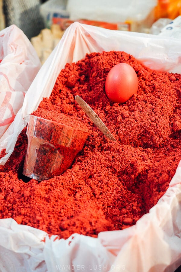 Red dyes for Orthodox Easter at the bazaar in Kutaisi, Georgia.