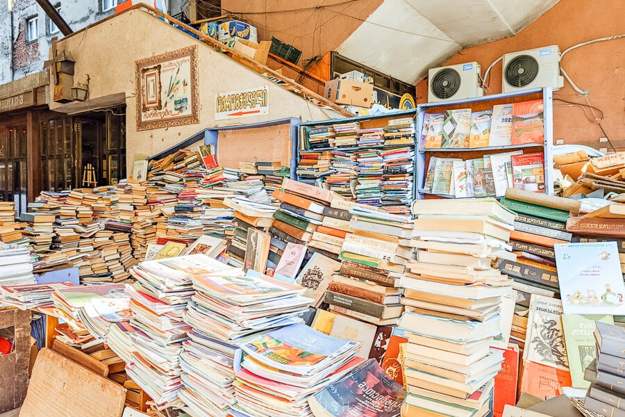 A pile of books for sale at a market in Kutaisi.