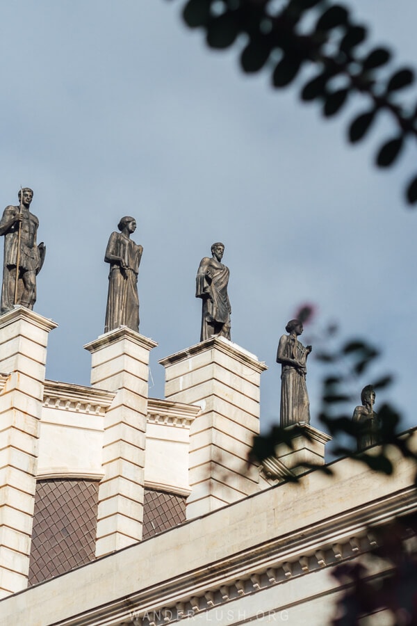 Statues atop Kutaisi Opera Theatre.