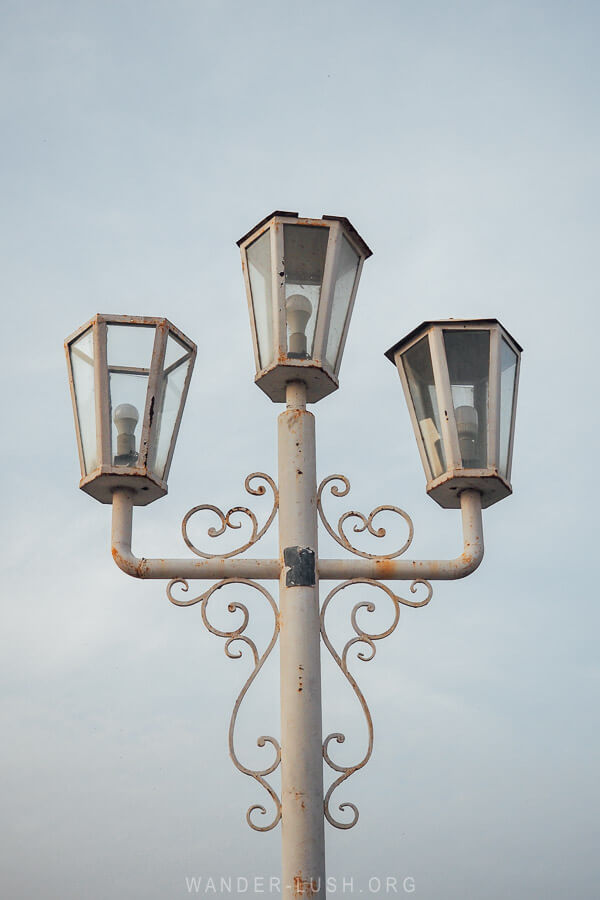 An old white lamppost on the White Bridge in Kutaisi.