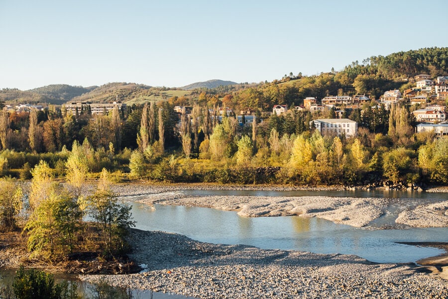 View of the blue Rioni River from Mtsvanekvavila Street.