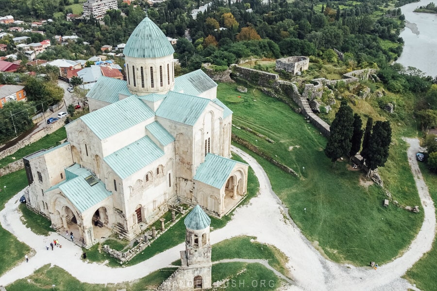 Overhead view of Bagrati Cathedral, an 11th century church with a green dome, in Kutaisi, Georgia.