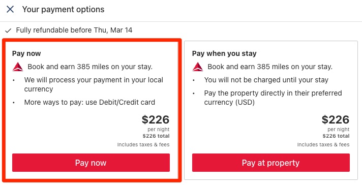 Delta Stays Pay Now booking