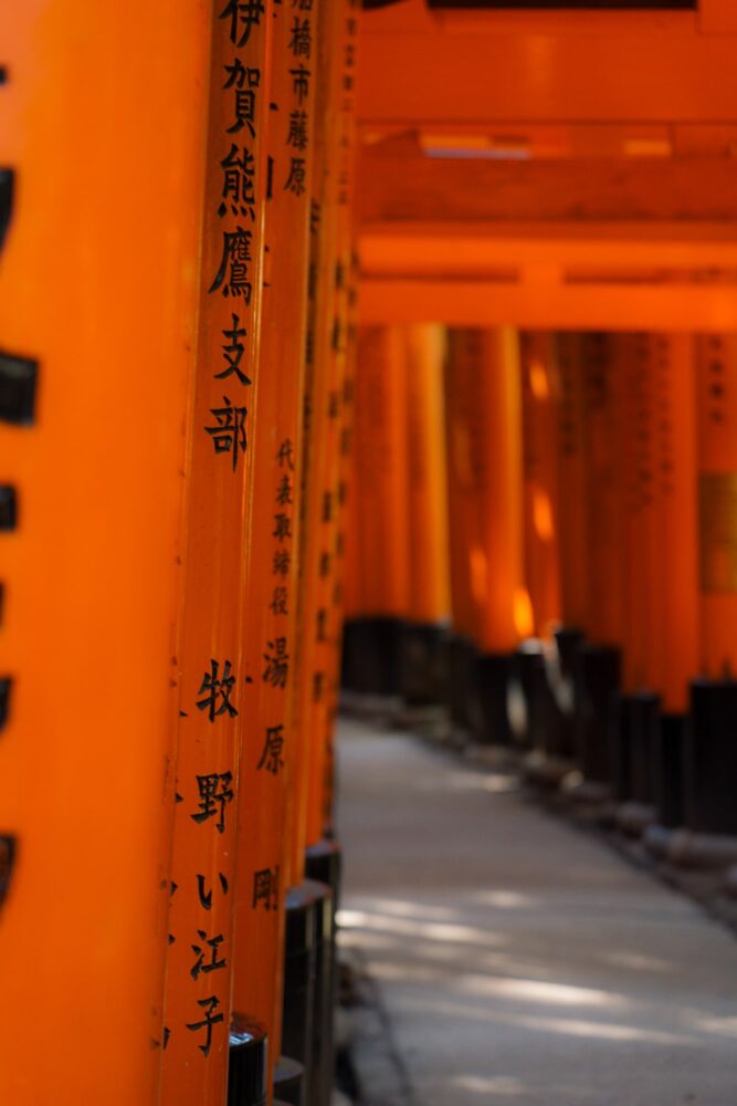 A close-up photograph of the orange Torii gates in the forest behind Fushimi Inari Shrine, Kyoto.