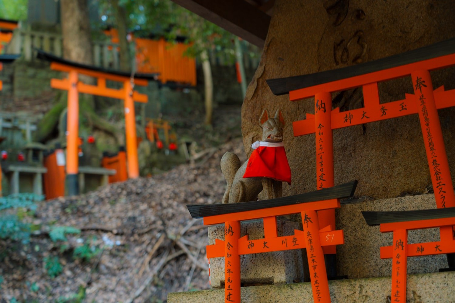 Inari Okami statues and small shinto Torii gates in the forest on Mount Inari, Kyoto.