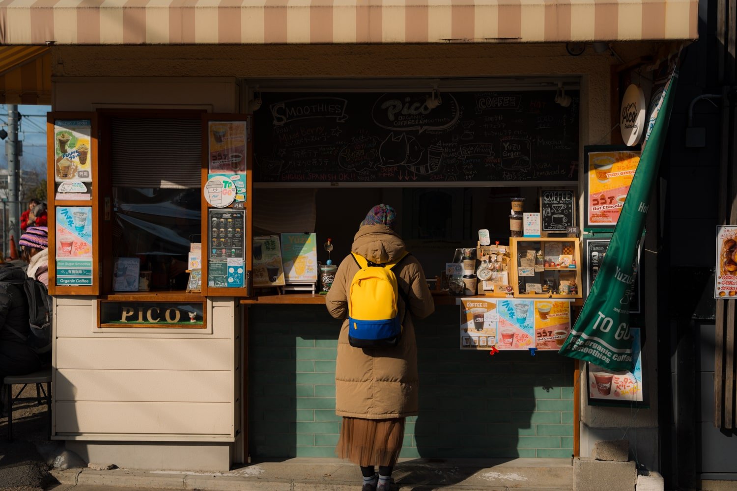 Fushimi Inari street with vintago organic coffee shop, Pico's in Kyoto.