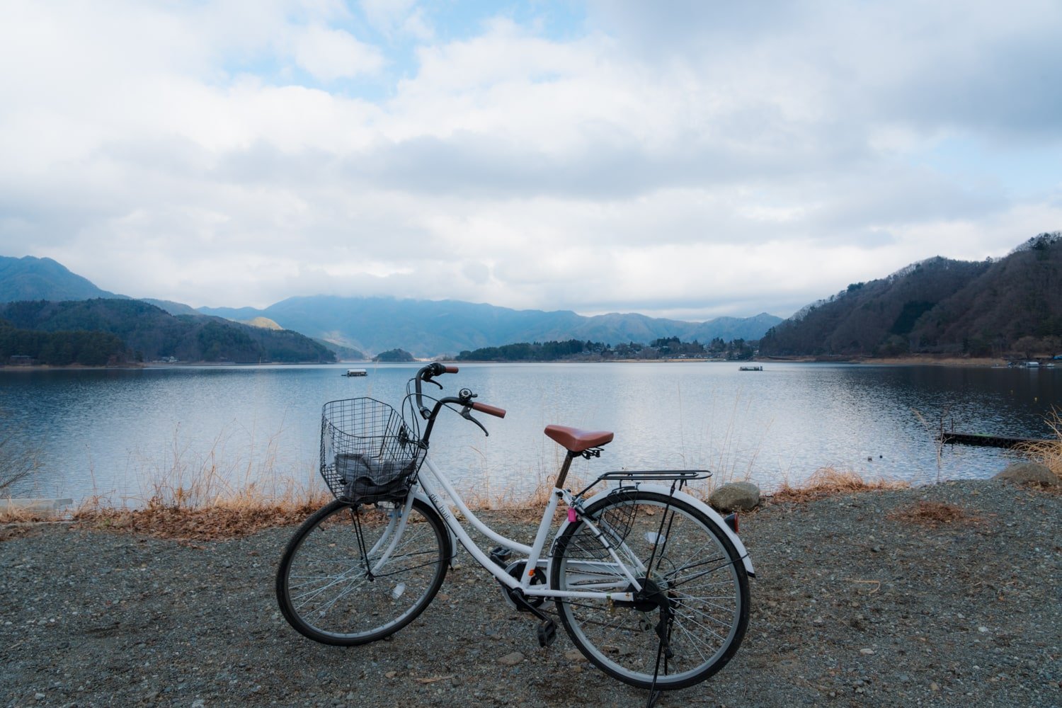 A Japanese road bike parked on a lot beside Lake Kawaguchi, Fujikawaguchiko, Japan.