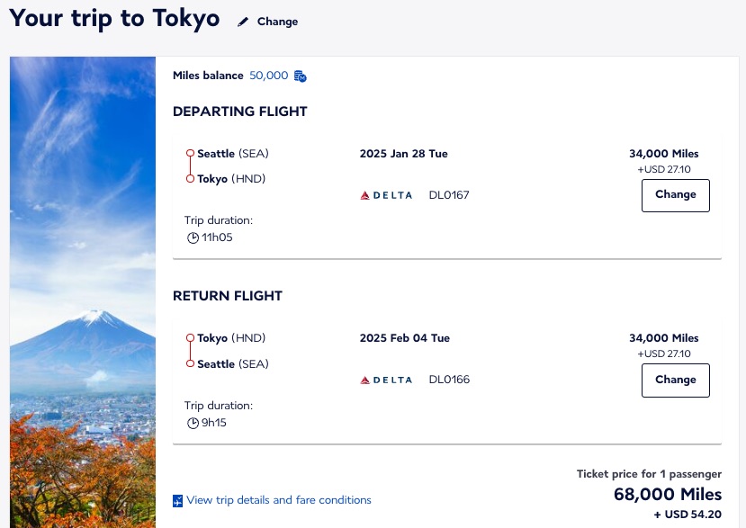 Delta Tokyo flight flying blue miles