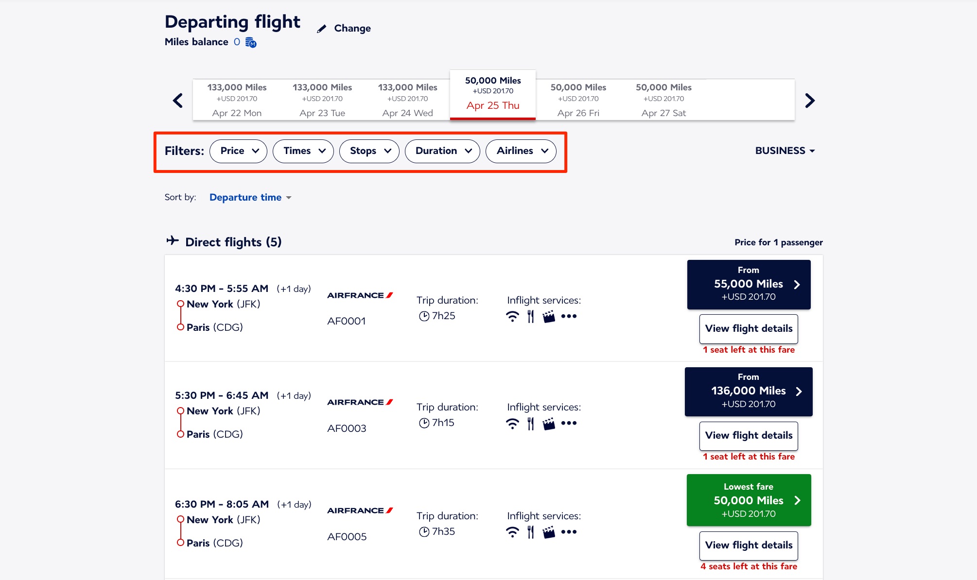 Air France Flying Blue award flight search