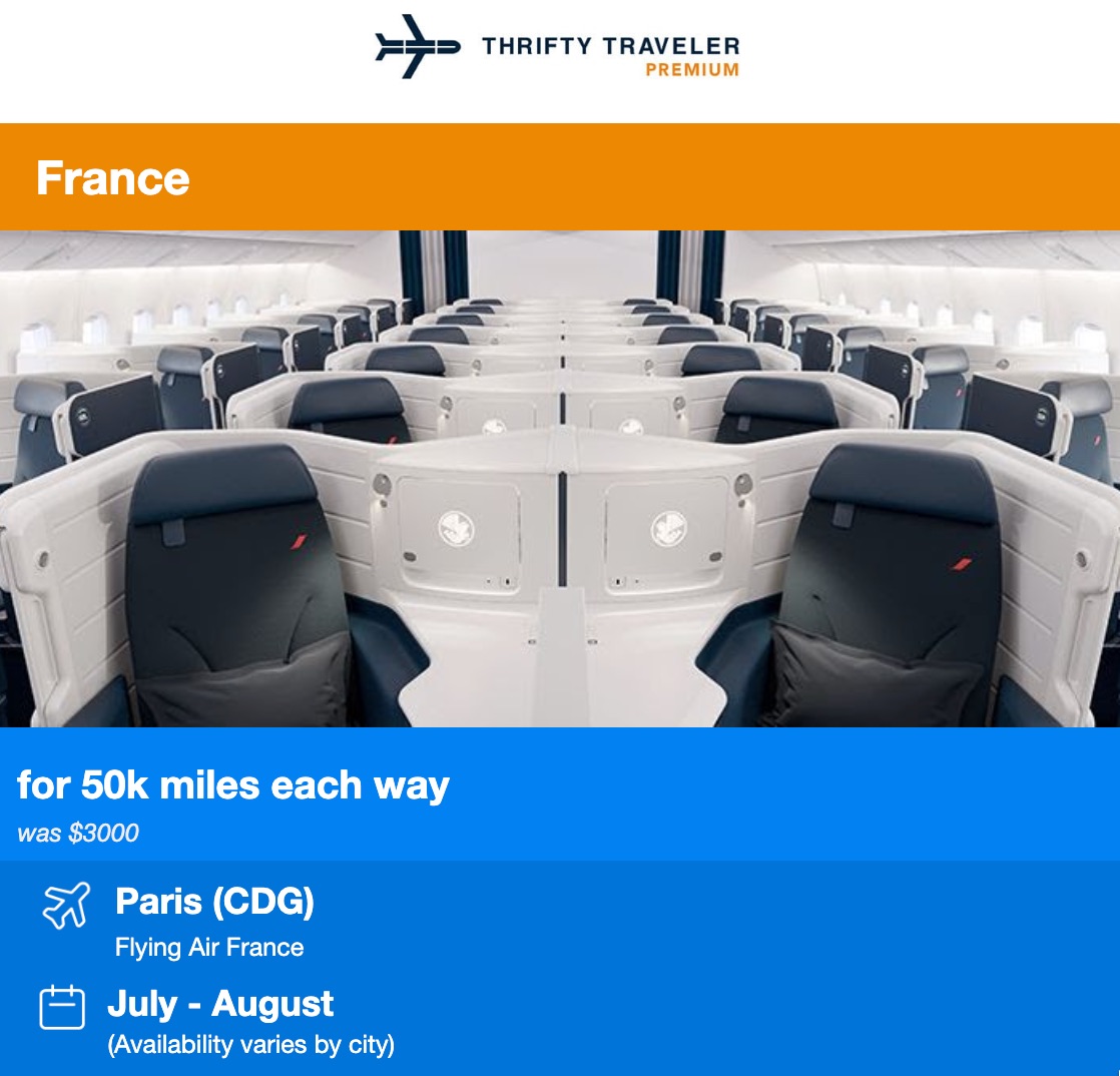 France 50K flight deal thrifty traveler premium