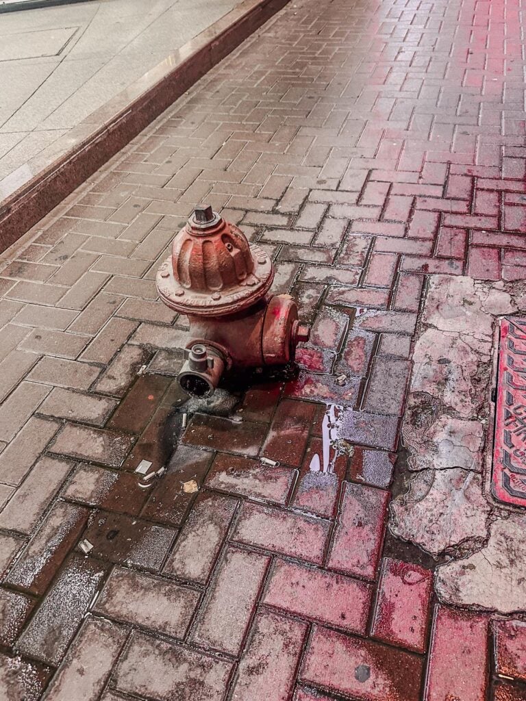 Rustic fire hydrant on Dubai brick sidewalk