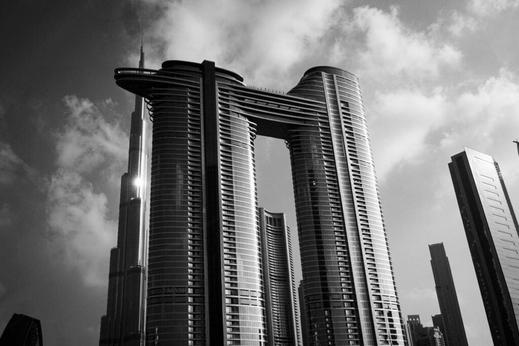 Captivating Monochromatic View of Dubai's Skyline - Innovative architecture in black and white