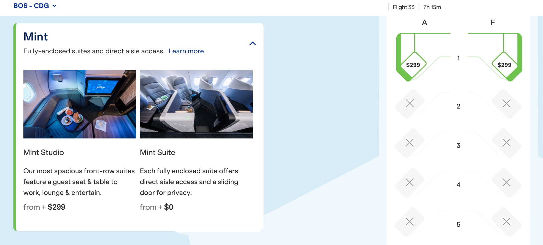 jetblue mint studio seat selection