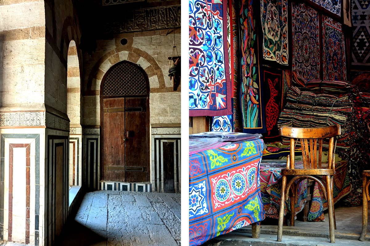 Two images show Al Darb Al Ahmar. On the left is the interior of a historic complex, and on the rights is a chair inside a colorful shop at the tentmakers' market.