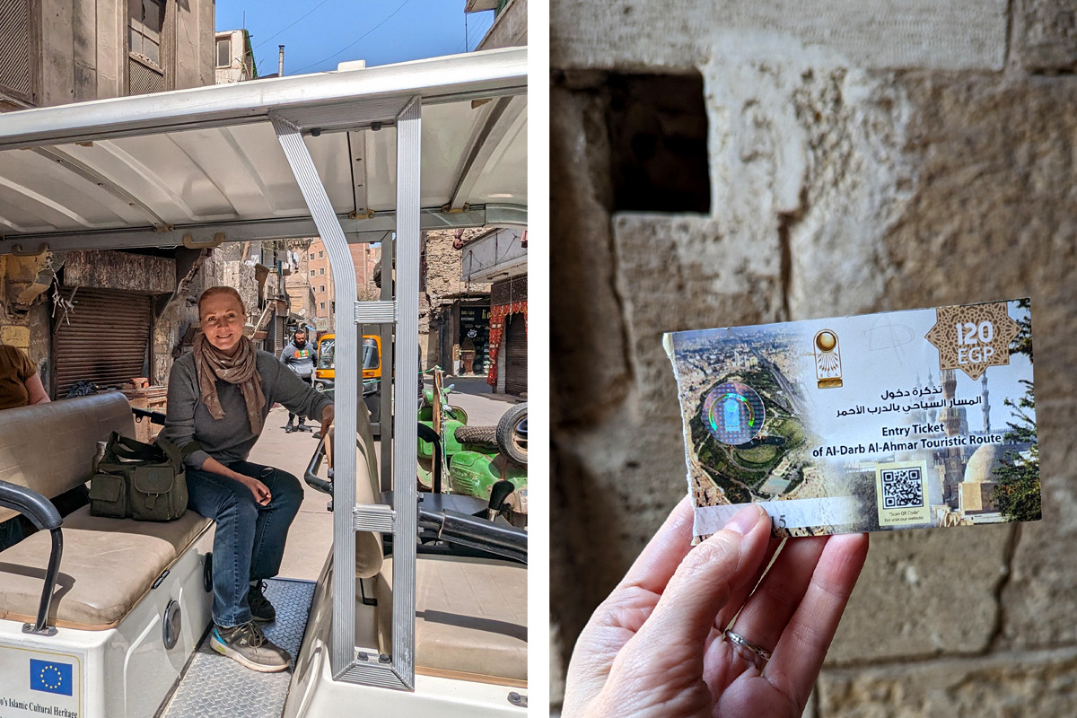 Two images show a tour of Darb al Ahmar. On the left is Dee sitting inside a golf cart and smiling during a tour. On the right is Dee's hand holding the Darb al Ahmar touristic route ticket. 