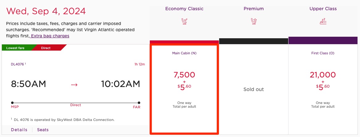 Delta Economy MSP - FAR booked via Virgin