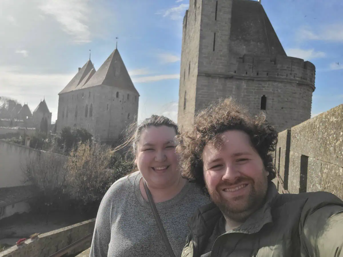 Selfie of Riana and Colin on the ramparts in Carcassonne, France