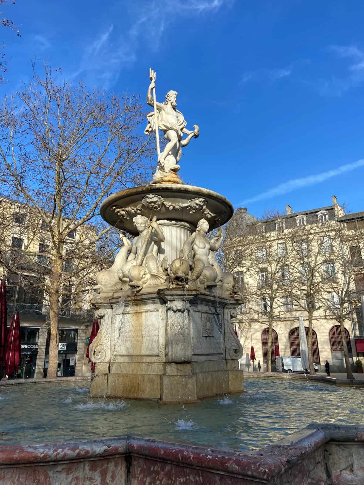 Fountain in the new part of Carcassonne in a town square