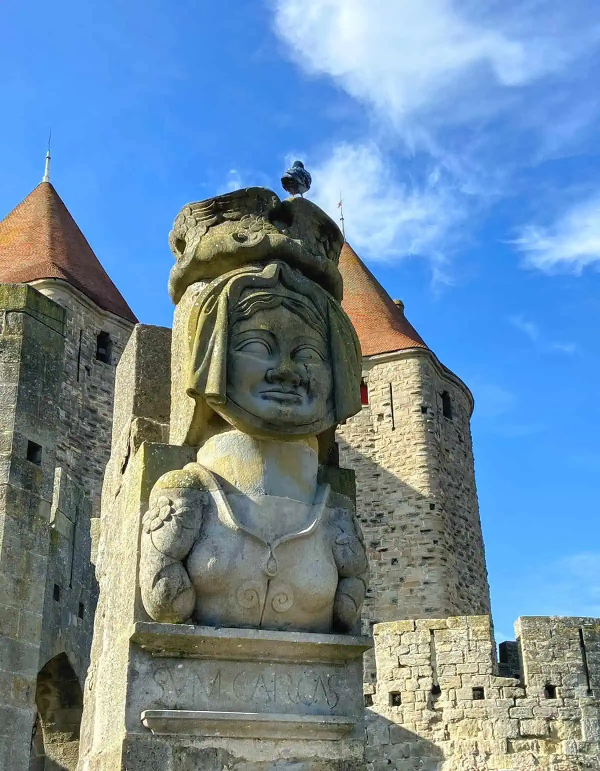 Bust of Dame Carcas on the Cite walls in Carcassonne