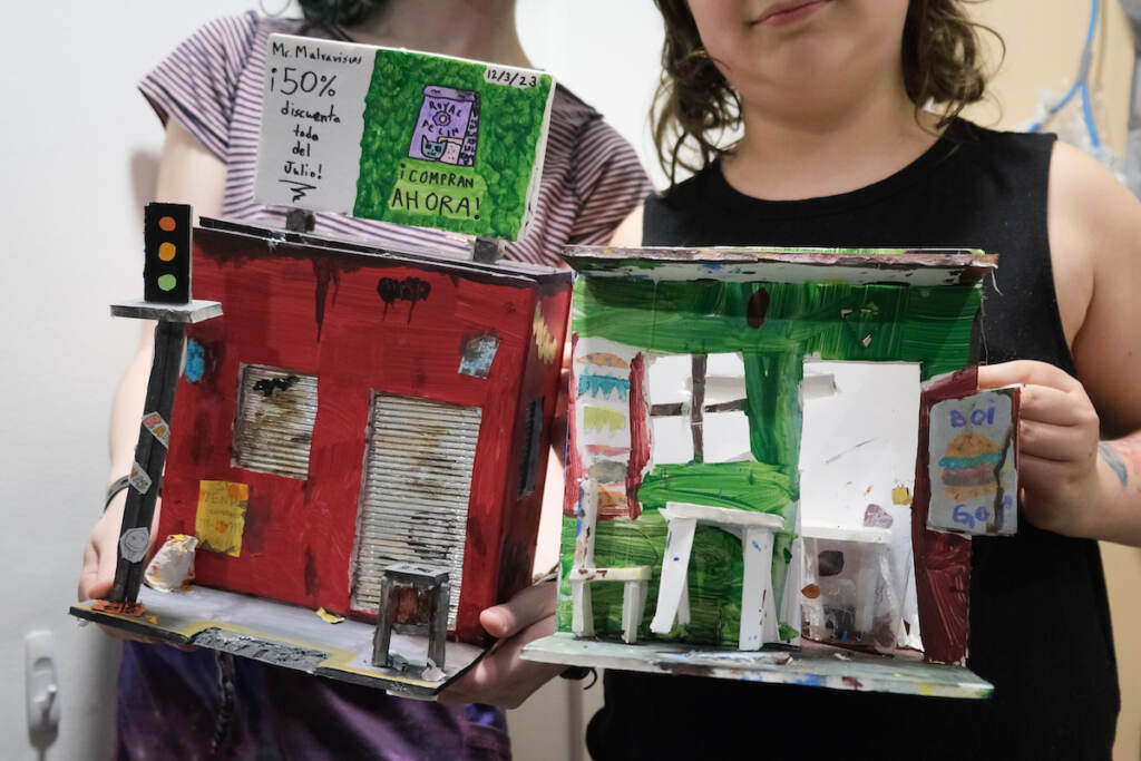 Model buildings created by Maya and Sasha Bishins at a summer camp in Mexico City. (Alan Jinich/WHYY)